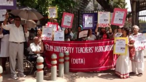 Delhi University teachers demonstrated protest against the arbitrary and vindictive denial of pension by the DU Vice Chancellor