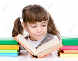 small girl reading book. isolated on white background
