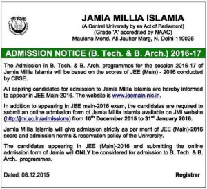 Jamia to admit engineering, architecture students through Joint Entrance Examination (JEE)