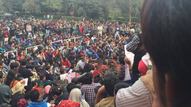 At JNU, Delhi. JNU students want Kanhaiya Kumar to be released. Source- BBC India