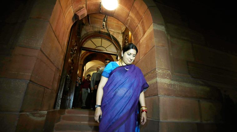 HRD Minister Smrity Irani  outside  the Parliament on 2th feb 2016. Express photo by Renuka PURI.