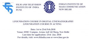 FTII Pune in association with IIMC announces 20 days Foundation Course in Acting at New Delhi