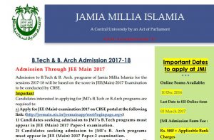 Jamia announces dates for admissions to B.Tech and B.Arch for the sessions 2017-18